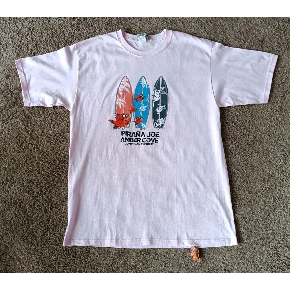 Vintage Pirana Joe Amber Cove Dominican Republic Men's Large Pink Short Sleeve